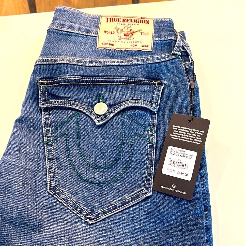 True Religion NWT jeans 32 GENO an flap slim dark blue wash faded very stretchy